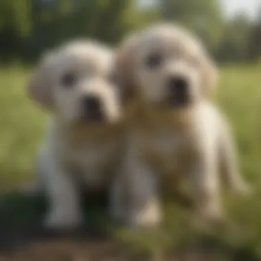 Playful Labrador Retriever puppies in a grassy field