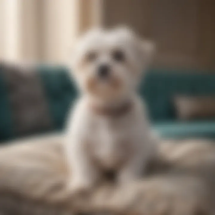 An elegant Maltese dog sitting gracefully on a decorative cushion.