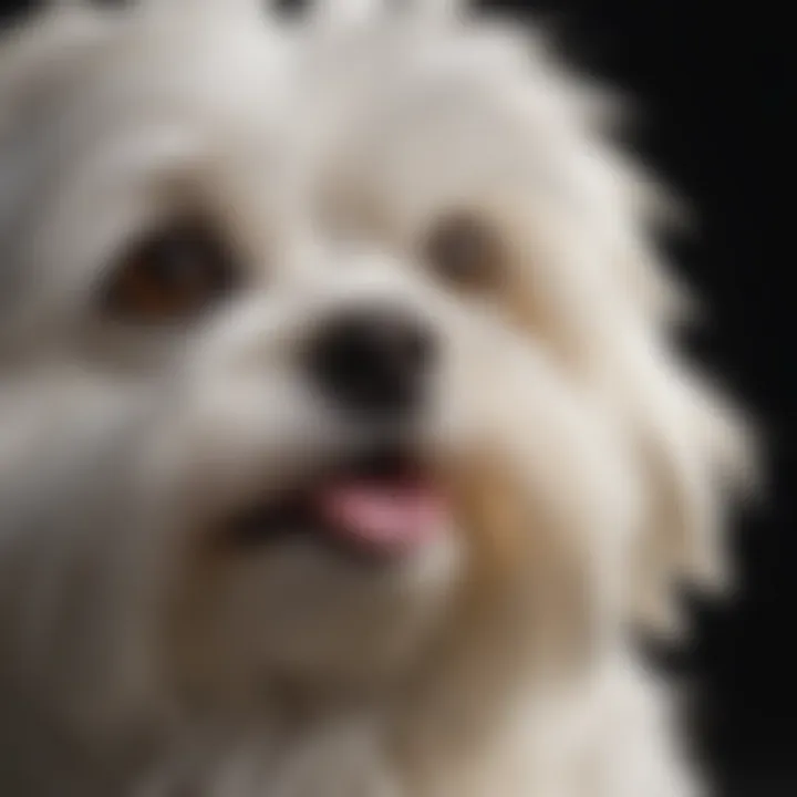 A close-up of a Maltese dog's face showcasing its expressive eyes and fluffy fur.