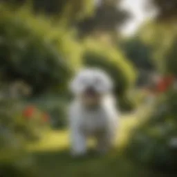 A playful Maltese dog with a shiny coat in a lush garden setting.