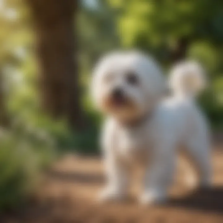 A well-groomed Maltese dog being trained by its owner in a park.