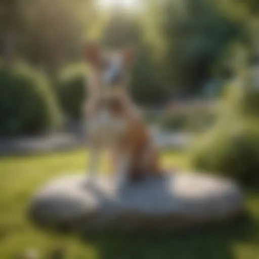 A serene garden memorial for a beloved dog featuring a personalized stone