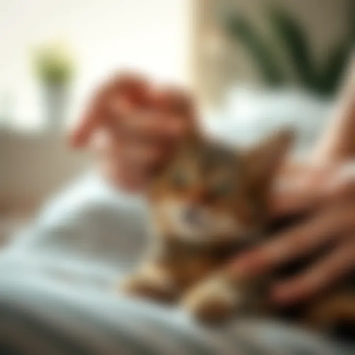 Cat owner gently petting a relaxed cat