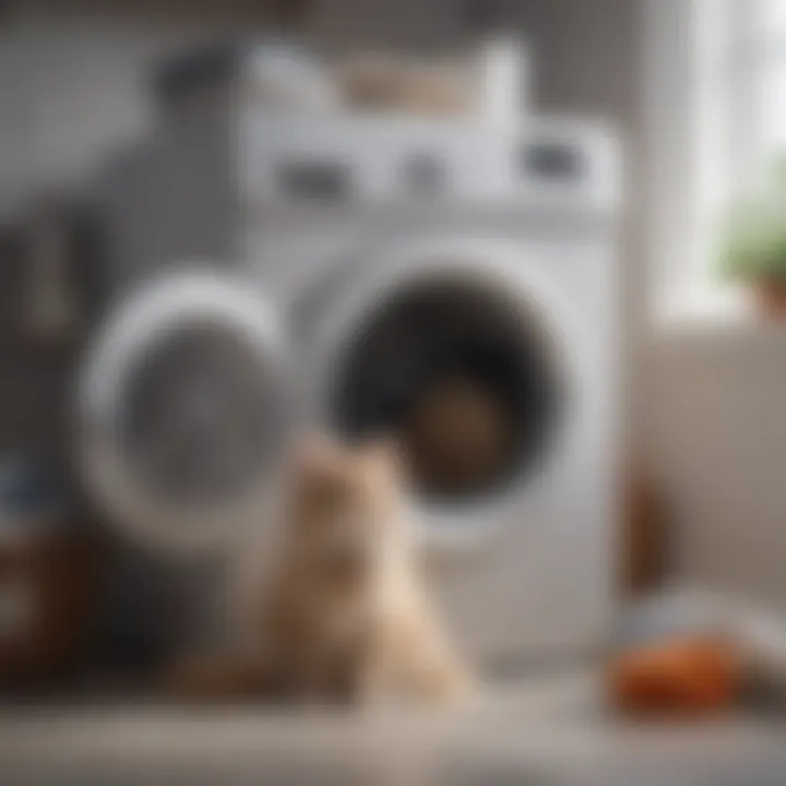 A washing machine with laundry filled with pet hair covered clothes