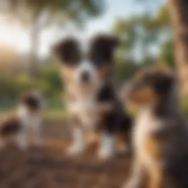 A well-socialized Mini Aussie puppy interacting with other dogs in a park.