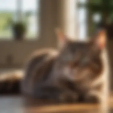 A serene cat resting in a sunlit room, representing comfort and tranquility.