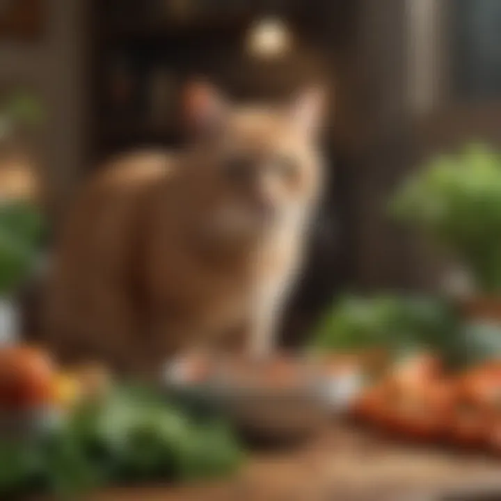 A bowl filled with nutritious cat food surrounded by fresh vegetables, highlighting dietary options.