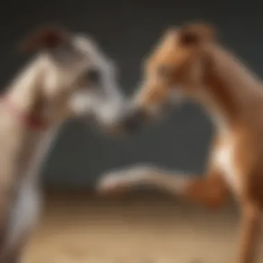 Greyhound interacting playfully with a companion animal