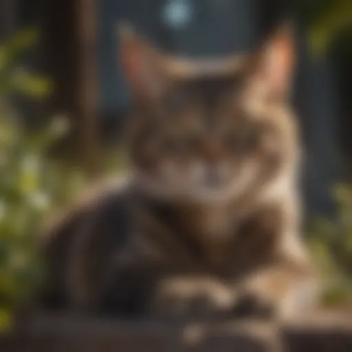A serene outdoor setting showcasing a feral cat resting peacefully.