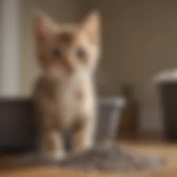 A kitten exploring a litter box filled with non-clumping cat litter.