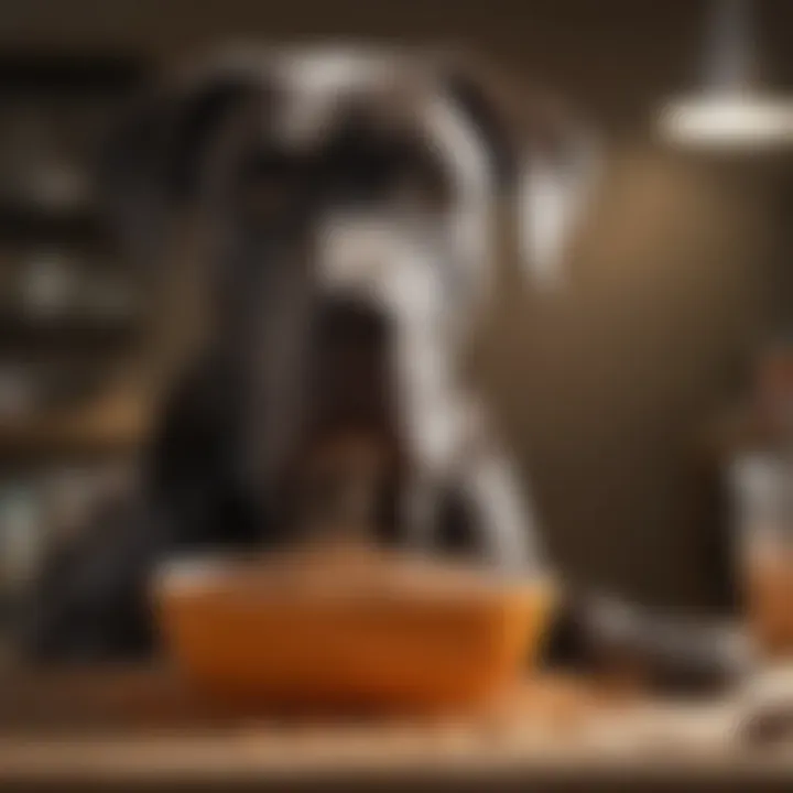 A Great Dane enjoying a bowl of homemade dog food