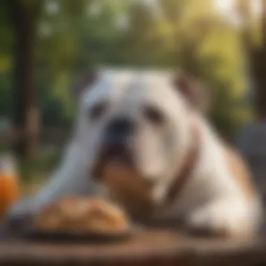 Old English Bulldog Enjoying Nutritious Meal An Old English Bulldog enjoying a meal outdoors
