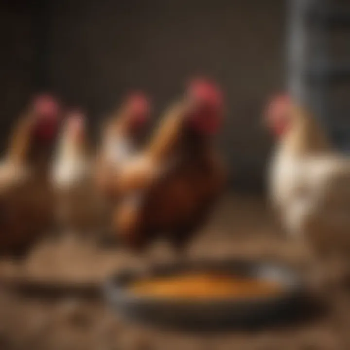 Chickens pecking at a well-balanced feed mixture in their feeder.