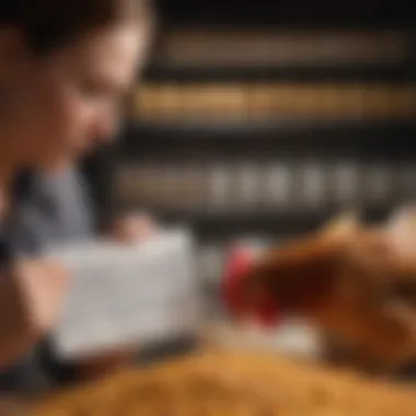 A poultry owner examining a nutritional label on chicken feed.