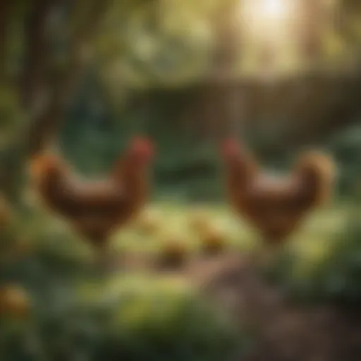 Buff Orpington chickens foraging in a lush garden.