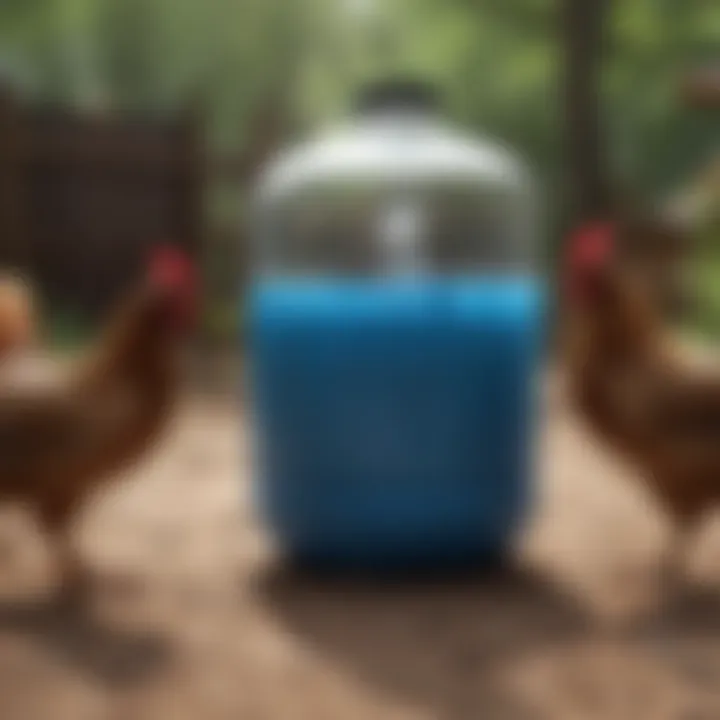 A vibrant water container for providing hydration to chickens.