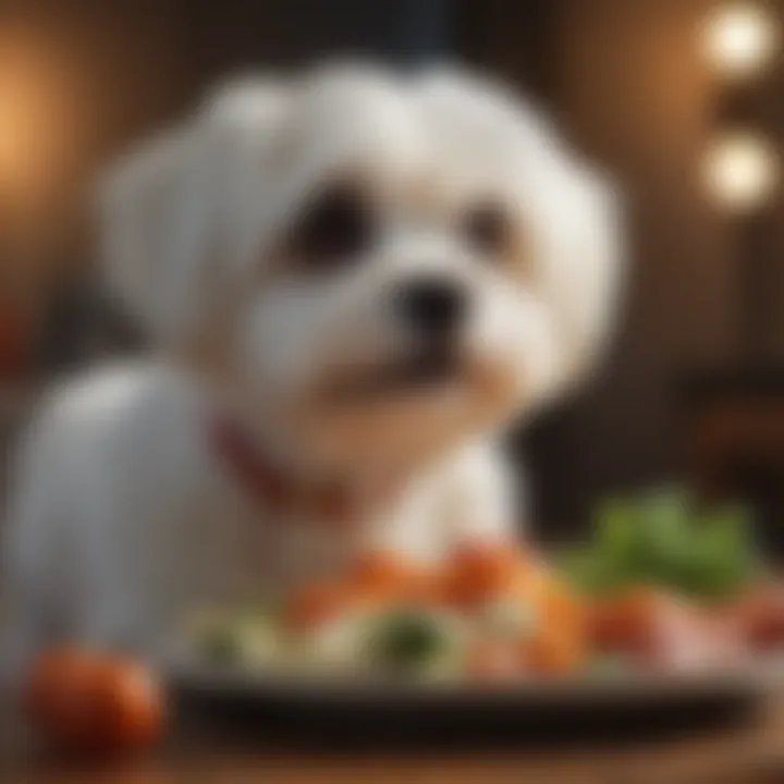 A Maltese dog enjoying a fresh, nutritious meal with vegetables and protein.