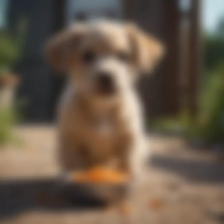 A happy puppy enjoying a bowl of nutritious food outdoors