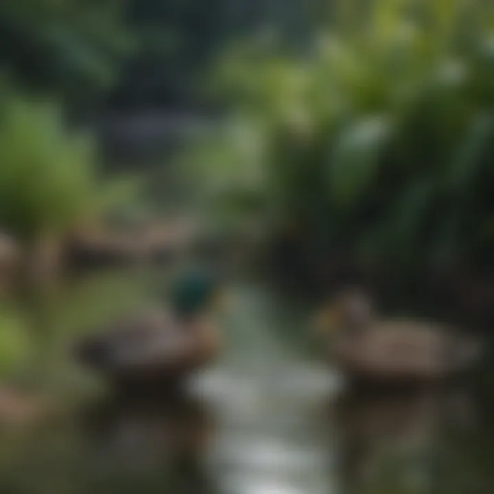 Ducks happily foraging in a pond with aquatic plants