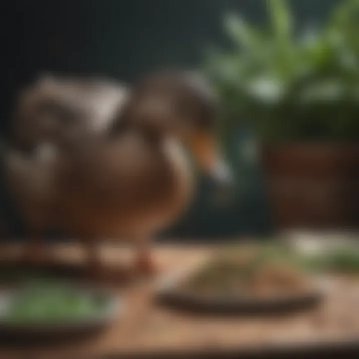 A close-up of a duck enjoying a healthy meal of seeds and greens
