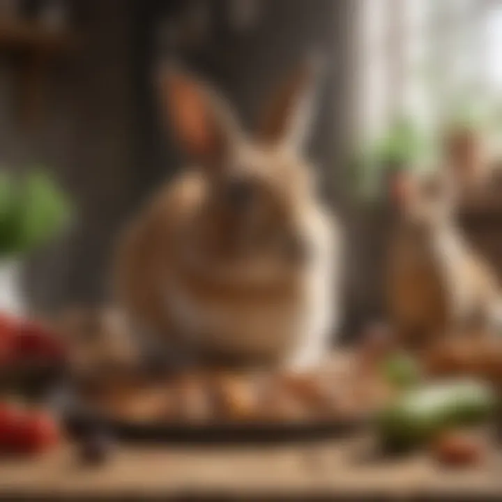 Healthy rabbit enjoying a selection of fresh treats