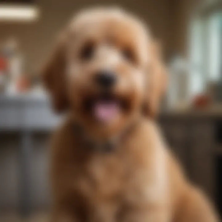 A well-groomed Goldendoodle enjoying a grooming session, emphasizing regular maintenance