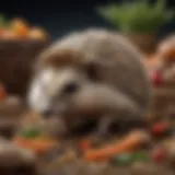 A close-up of a hedgehog enjoying a balanced meal of insects and vegetables.