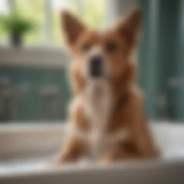 Pet owner applying shampoo on dog in a bath