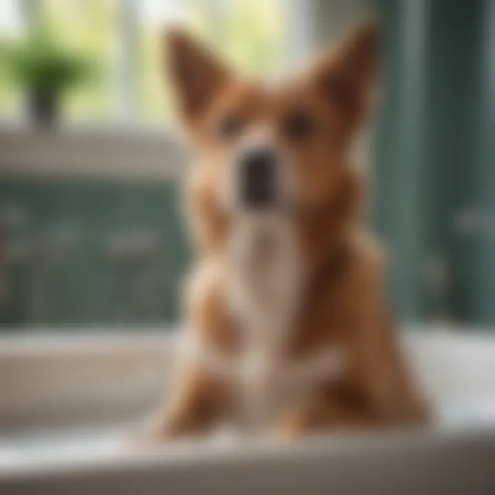 Pet owner applying shampoo on dog in a bath