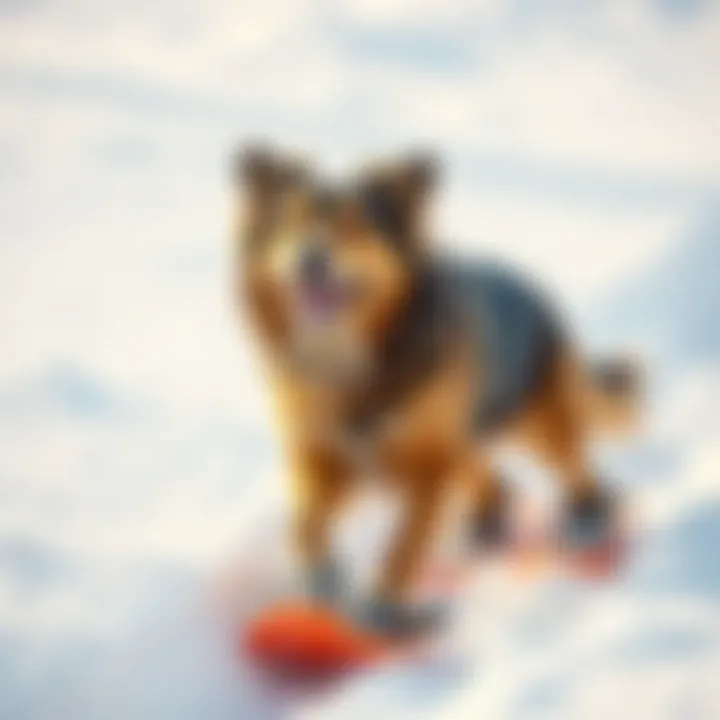 Happy dog navigating through snowy terrain with comfortable snow shoes