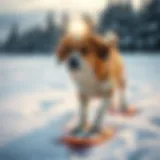 A dog wearing snow shoes exploring a snowy landscape