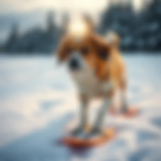 A dog wearing snow shoes exploring a snowy landscape
