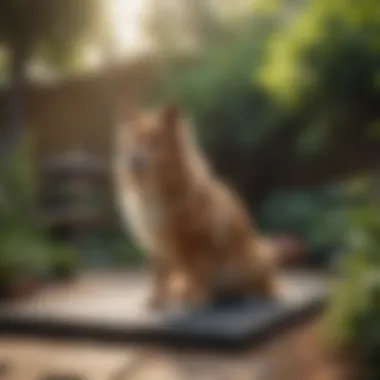 Pet owner inspecting a heated mat in a garden setting