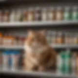 A variety of over-the-counter hairball medications displayed on a pet care shelf