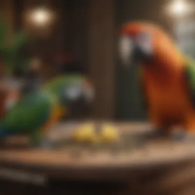 Feeding Practices for Different Parrot Species Various parrot species feeding on Tops Organic Parrot Food