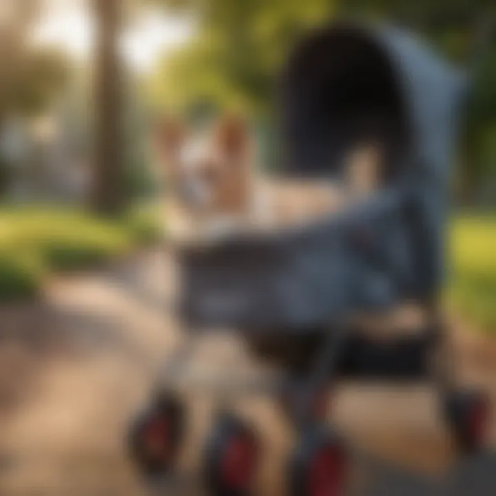 A small dog comfortably resting inside the stroller while on a walk in a park.