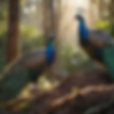 Peacocks in Their Habitat A serene landscape featuring peacocks in their natural habitat in Australia