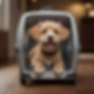 Pet comfortably resting inside a carrier with wheels