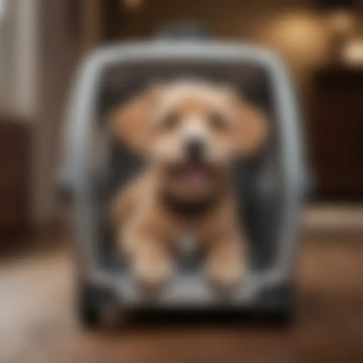 Pet comfortably resting inside a carrier with wheels