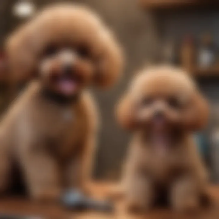 A pet groomer tending to a toy poodle
