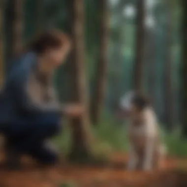 Owner and Dog Interaction A pet owner observing their dog with a bark deterrent