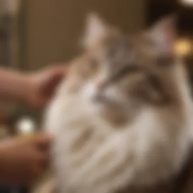 Close-up of a groomer working on a fluffy cat.