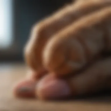 A close-up view of a pet's paw getting its claws clipped