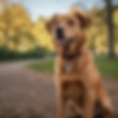 A dog wearing a no bark collar in a park setting