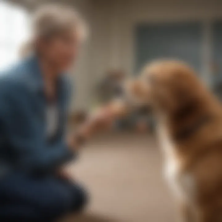 A handler observing a therapy dog's training session, showcasing effective techniques