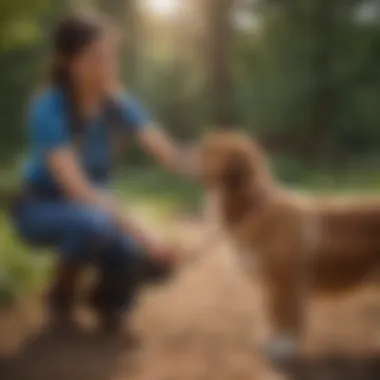 Therapy Dog Training: Engaging with Handlers A therapy dog in training with a handler in a serene environment