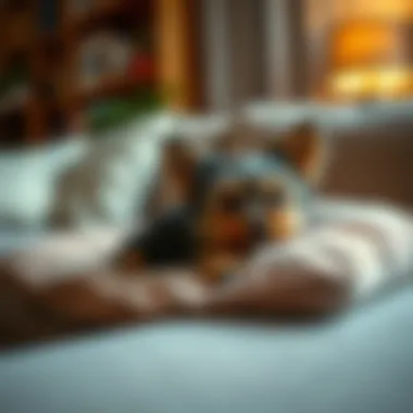 Yorkie Comfort at Home A cozy living room setting featuring a Yorkie resting comfortably on a plush pillow, emphasizing the breed's affectionate nature