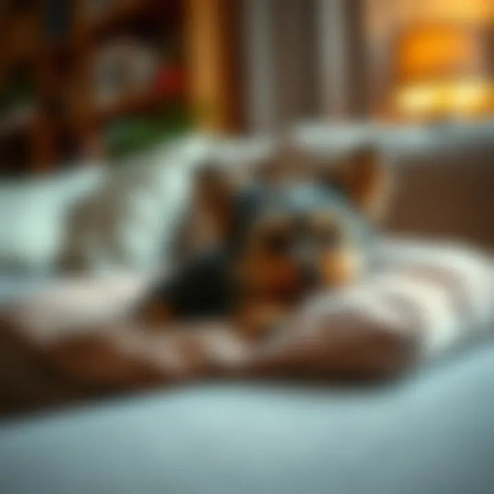 Yorkie Comfort at Home A cozy living room setting featuring a Yorkie resting comfortably on a plush pillow, emphasizing the breed's affectionate nature