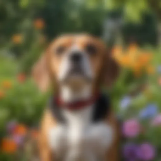 Pocket Beagle dog sitting in a colorful garden