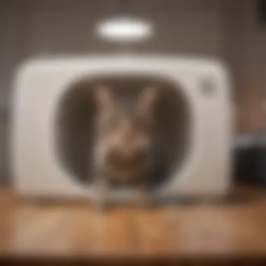 Cat using litter box with a liner featuring holes